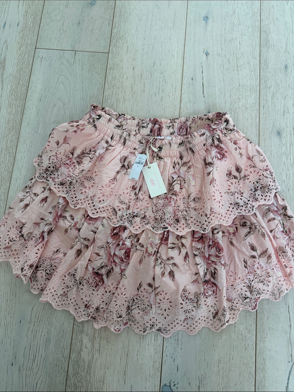 NEW WITH TAGS EXCLUSIVE LoveShackFancy Pink Floral Eyelet Tiered Mini Skirt